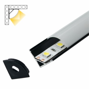 Crni ugaoni aluminijumski profil za LED trake 15,8 x 15,8 mm – dodatni prikaz kompletnog profila sa belim difuzorom
