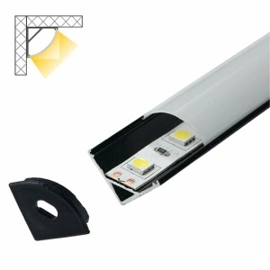 Crni ugaoni aluminijumski profil za LED trake 15,8 x 15,8 mm – dodatni prikaz kompletnog profila sa belim difuzorom