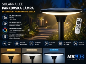 Solarna parkovska lampa sa senzorom i daljinskim — prednji izgled uređaja i upravljačke površine