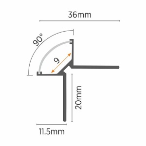 Detalj i presek – Ugaoni ugradni aluminijumski profil za LED trake 36 × 36 mm – sivi, 2 m