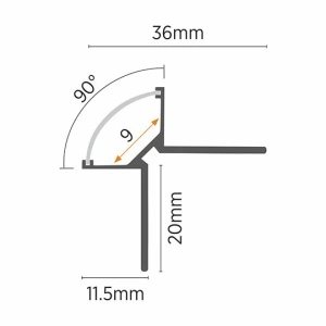 Detalj i presek – Ugaoni ugradni aluminijumski profil za LED trake 36 × 36 mm – sivi, 2 m