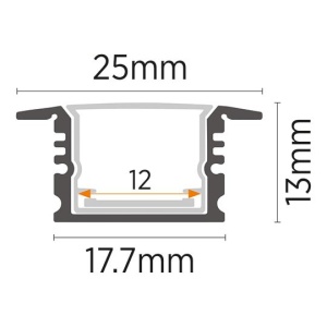 Ugradni aluminijumski profil za LED trake 25 × 13 mm – siva varijanta, detalj i presek