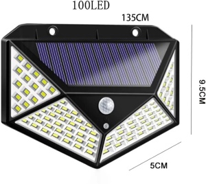 Solarna zidna lampa 100 LED sa prikazanim dimenzijama 135CM, 9.5CM i 5CM