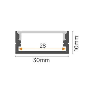 Tanki nadgradni aluminijumski profil za LED trake 30 x 10 mm – crna varijanta, tehničke dimenzije preseka