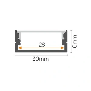 Tanki nadgradni aluminijumski profil za LED trake 30 x 10 mm – crna varijanta, tehničke dimenzije preseka