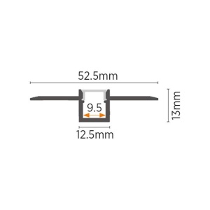 Ugradni aluminijumski profil za LED trake 52,5 x 13 mm – siva varijanta, tehničke dimenzije preseka