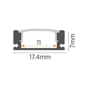 Nadgradni aluminijumski profil za LED trake 17,4 x 7 mm – crni, 2 m sa crnim difuzorom – poprečni presek i dimenzije profila