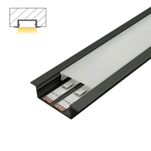 Ugradni aluminijumski profil za LED trake 55 × 10 mm – crna varijanta, detalj i presek