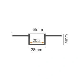Ugradni aluminijumski profil za LED trake 61 x 14 mm – crna varijanta, tehničke dimenzije preseka