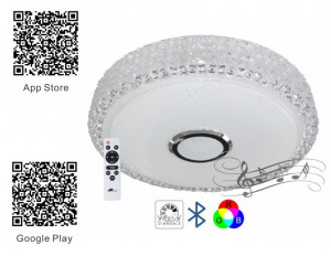 Okrugla LED plafonjera sa zvučnikom i Bluetooth kontrolom — prednji izgled plafonjere i QR kodovi za aplikaciju