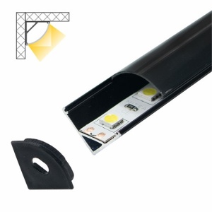 Crni ugaoni aluminijumski profil za LED trake 15,8 x 15,8 mm – dodatni prikaz kompletnog profila sa crnim difuzorom