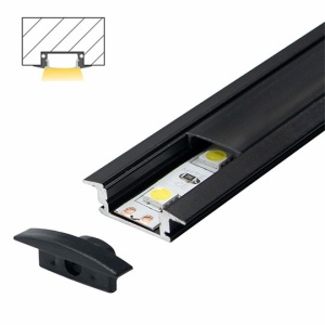 Ugradni aluminijumski profil za LED trake 24,7 x 7 mm – crni, 2 m sa crnim difuzorom – profil i završni element iz drugog ugla