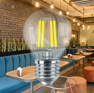 LED filament sijalica mali balon 4 W — ambijentalni prikaz u kafe enterijeru sa toplim osvetljenjem