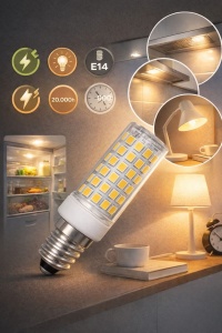 LED mini sijalica E14 6W toplo bela prikaz primene u frižideru, aspiratoru i maloj stonoj lampi