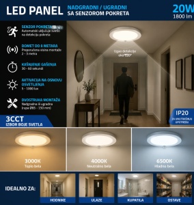 LED panel nadgradni okrugli sa senzorom pokreta 20W CCT beli — bočni profil tankog kućišta panela