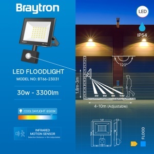 LED reflektor 30W hladno beli crni sa senzorom za spoljašnju upotrebu – bočni prikaz oblika i kućišta