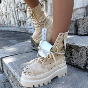 Ghete Rockstar Summer bej / negru / alb/ maro - piele naturala