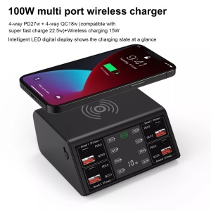 USB Stanica za Punjenje 100W sa Bežičnim Punjačem i LCD Ekranom - Img 3