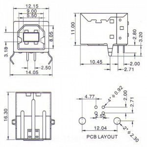 USB Tip B Ženski Konektor za PCB 90 Stepeni (4 pina) - Img 2