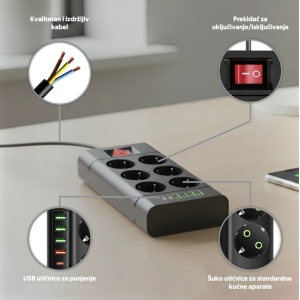 Produžni kabl 6xšuko+4xUSB-A+2xUSB-C sa prekidačem 2.0m - Img 3