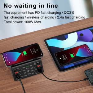 USB Stanica za Punjenje 100W sa Bežičnim Punjačem i LCD Ekranom - Img 7