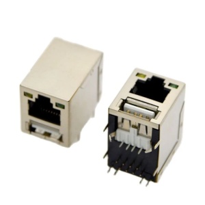 Kombinovani RJ45 + USB Konektor Ženski za PCB (90 Stepeni, Oklopljen) sa LED Indikatorima - Img 1