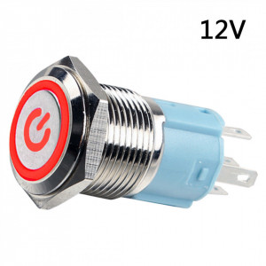 Vodootporni Metalni Taster 16mm sa LED Osvetljenjem 12V - Crveni LED Ring (IP65)