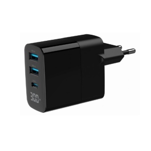 USB punjač 2xUSB-A+1xUSB C fast charger GaN 30W crni