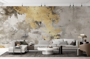 Fototapet abstract auriu gri în living premium cu canapea gri modulară în formă de L, măsuță rotundă albă, lampă aurie și fotoliu bej