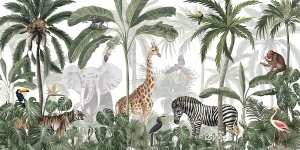 Model grafic complet pentru fototapet animale exotice în junglă cu elefant, girafă și palmieri, design pentru tapet personalizat copii