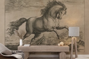 Decor living modern cu fototapet personalizat reprezentând un cal în stil vintage, un tapet cu aspect de pergament vechi care transformă peretele într-o operă de artă autentică.