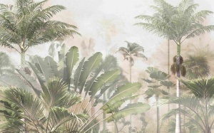 Model grafic complet pentru fototapet ceață tropicală cu palmieri și vegetație luxuriantă, design pentru tapet personalizat stil vintage