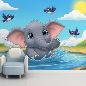 Colț de lectură pentru copii cu fotoliu albastru, având pe perete un fototapet 3D cu elefant și apă, tapet personalizat colorat