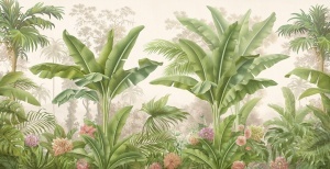 Ilustrație artistică cu junglă și elemente florale destinată printării pe fototapet. Textura vizuală și culoriile naturale ale acestui tapet creează un finisaj personalizat și elegant pentru orice cameră