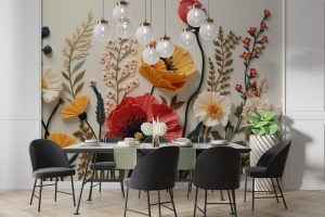 Fototapet flori mac 3D în zona de dining modern cu masă albă, scaune gri antracit și lămpi suspendate cu glob