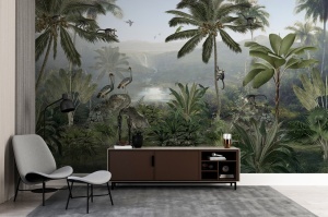 Decor modern de cameră cu fototapet personalizat Jungla Maimuțelor montat pe peretele principal, un model de tapet panoramic care creează adâncime și o atmosferă de aventură.