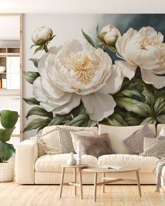 Colț de relaxare modern cu canapea crem și fototapet floral elegant, tapet personalizat cu bujori albi și frunze verzi