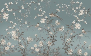 Grafică detaliată pentru fototapet premium în stil Chinoiserie, cu păsări exotice și flori pe fundal albastru-teal. Model de tapet personalizat ideal pentru proiecte de design interior rafinate.