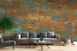 Fototapet patina cupru ca perete de accent intr-un living modern cu canapea gri