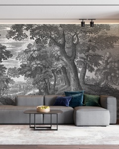 Living modern mobilat cu canapea colțar gri și măsuță neagră, decorat cu fototapet peisaj de pădure stil gravură, tapet personalizat alb-negru