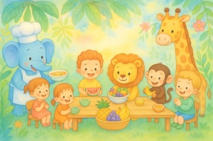 Model grafic complet pentru fototapet picnic cu animale și copii, design pentru tapet personalizat cameră copil