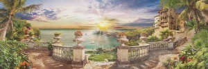 Model grafic complet pentru fototapet răsărit de soare cu terasă de piatră și mare, design panoramic pentru tapet personalizat peisaj