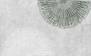 Design grafic complet pentru fototapet personalizat Zen Radial, prezentând forme abstracte verzi și albe pe un fundal gri texturat, un model de tapet modern pentru pereți.