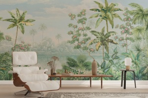 Colț de relaxare luminos cu fotoliu Eames alb și bancă, decorat cu fototapet oază exotică cu palmieri și lac, tapet personalizat panoramic