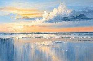 Fototapet apus de soare la mare, cu cer portocaliu-auriu, nori cumulus și valuri reflectate pe nisip