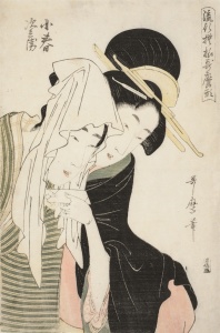 Grafică detaliată pentru fototapet reprezentând o stampă japoneză Ukiyo-e autentică, ideală pentru realizarea unui tapet personalizat de înaltă calitate, cu texturi și culori naturale.