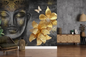 Fototapet Buddha negru auriu în living boho cu fotoliu verde kaki, felinar din răchită, comodă din lemn natural și plantă tropicală