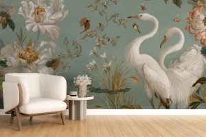 Fototapet chinoiserie cocori albi în living minimalist cu fotoliu alb cu picioare din lemn, masă rotundă striată și vaze decorative
