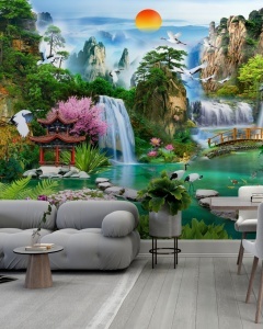 Living open space cu canapea gri și zonă de dining, având pe fundal un fototapet spectaculos cu peisaj asiatic și cascade, tapet personalizat 3D