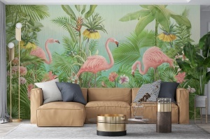 Living modern decorat cu canapea modulară bej și lampadar, perete accent cu fototapet exotic cu păsări flamingo, tapet personalizat